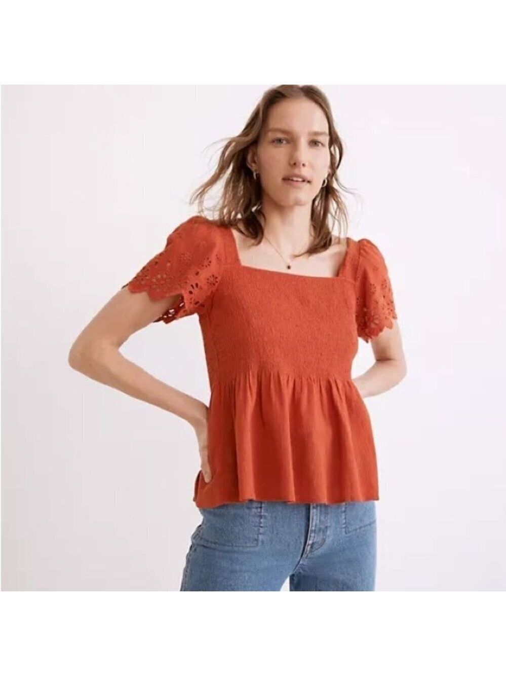 * NEW Madewell Eyelet-Sleeve Lucie Orange Smocked Peplum Top Size XS